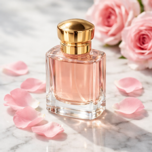 ChatGPT Image Feb 13 2026 07 25 39 AM - The Royal Musk Soft Rose Attar premium rose perfume bottle on white marble with pink rose petals