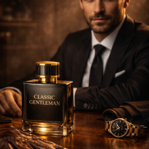 ChatGPT Image Feb 15 2026 05 10 25 PM - The Royal Musk Classic Gentleman luxury men perfume bottle with woody oud, leather and amber elements on dark marble background