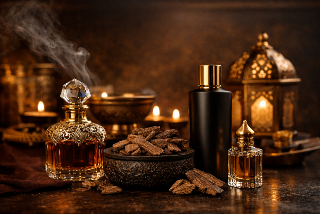 Luxury perfume craftsmanship with oud wood and premium fragrance bottles by The Royal Musk, a luxury perfume brand in India