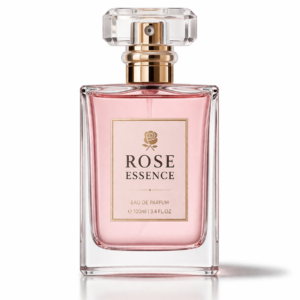 Rose Essence luxury perfume bottle with soft pink roses and elegant floral background
